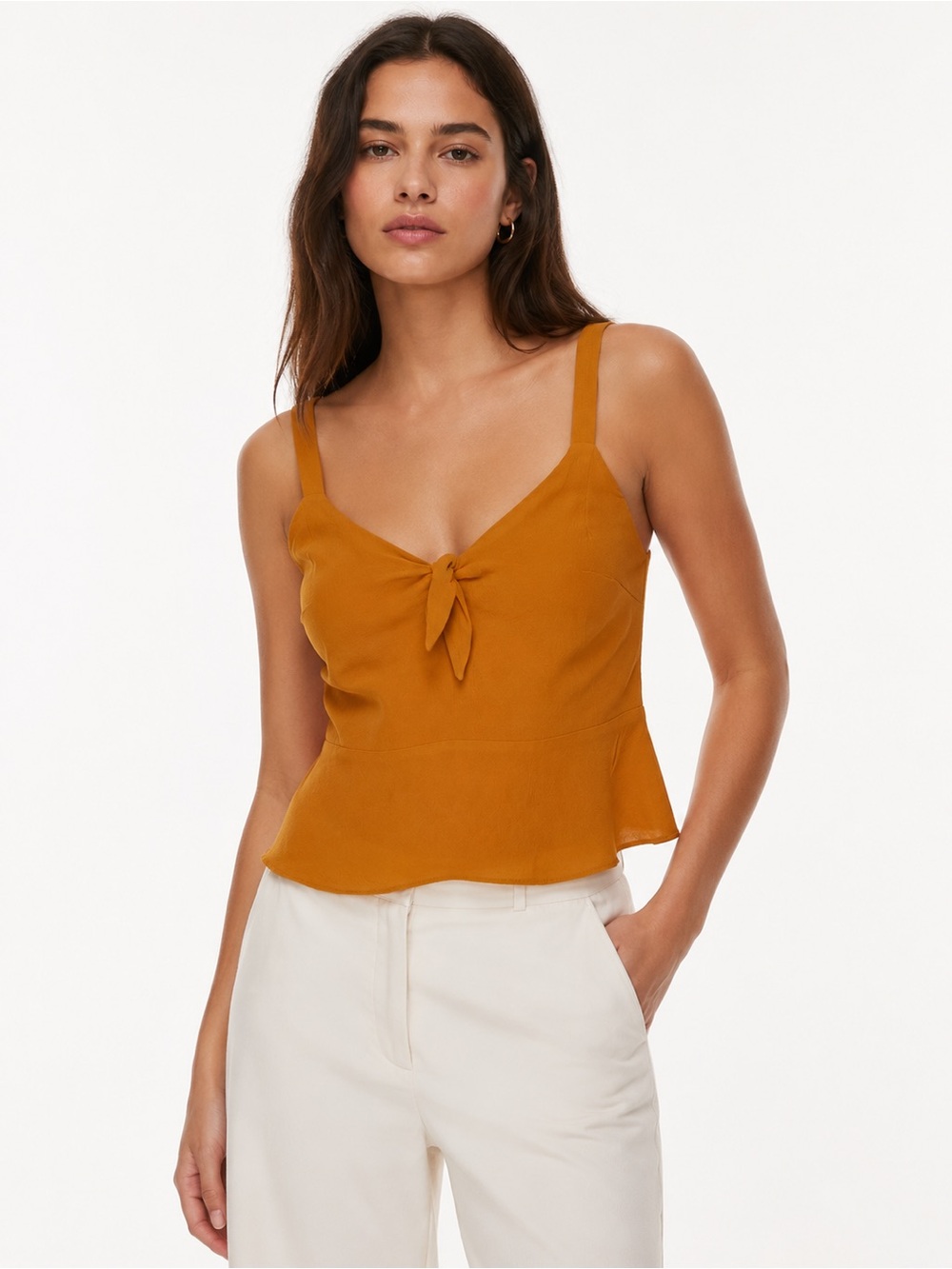Wilfred by Aritzia Mustard Tie-Front Peplum Cami | Side Zip | Viscose Blend SZ L